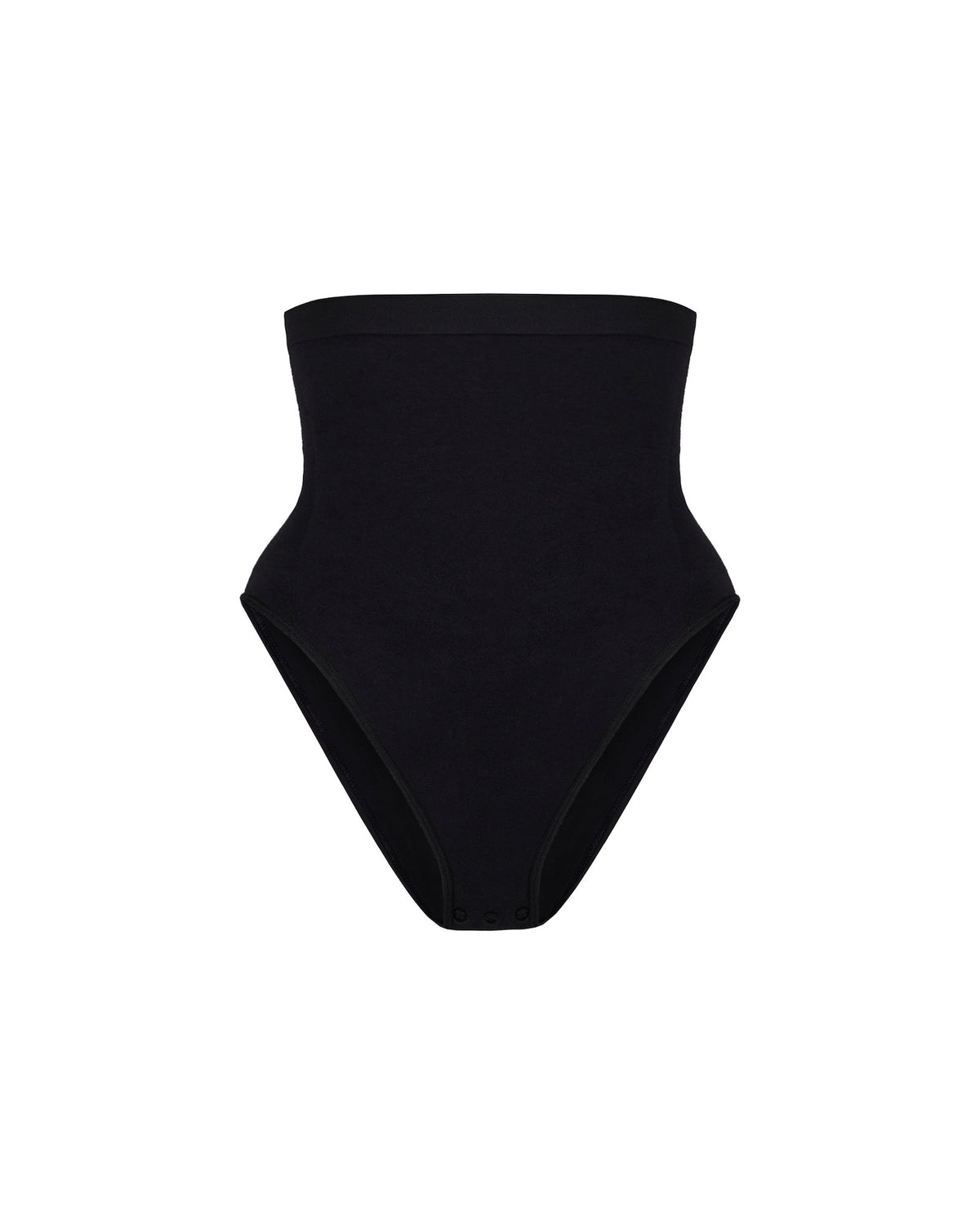 Black high-waisted bikini bottom on a white background