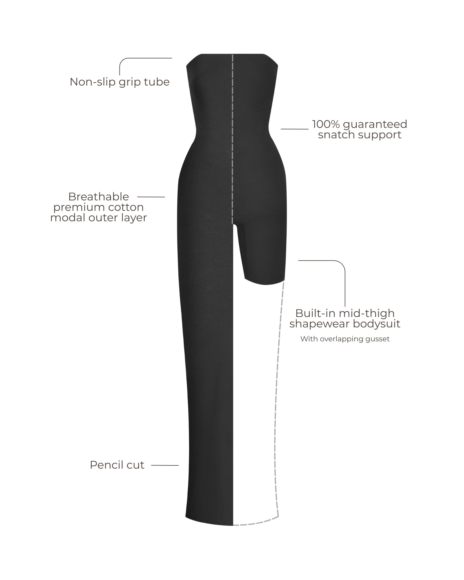 Black bodysuit with text labels on a white background.