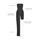 Black bodysuit with text labels on a white background.