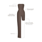 Brown bodysuit with text labels on a white background.