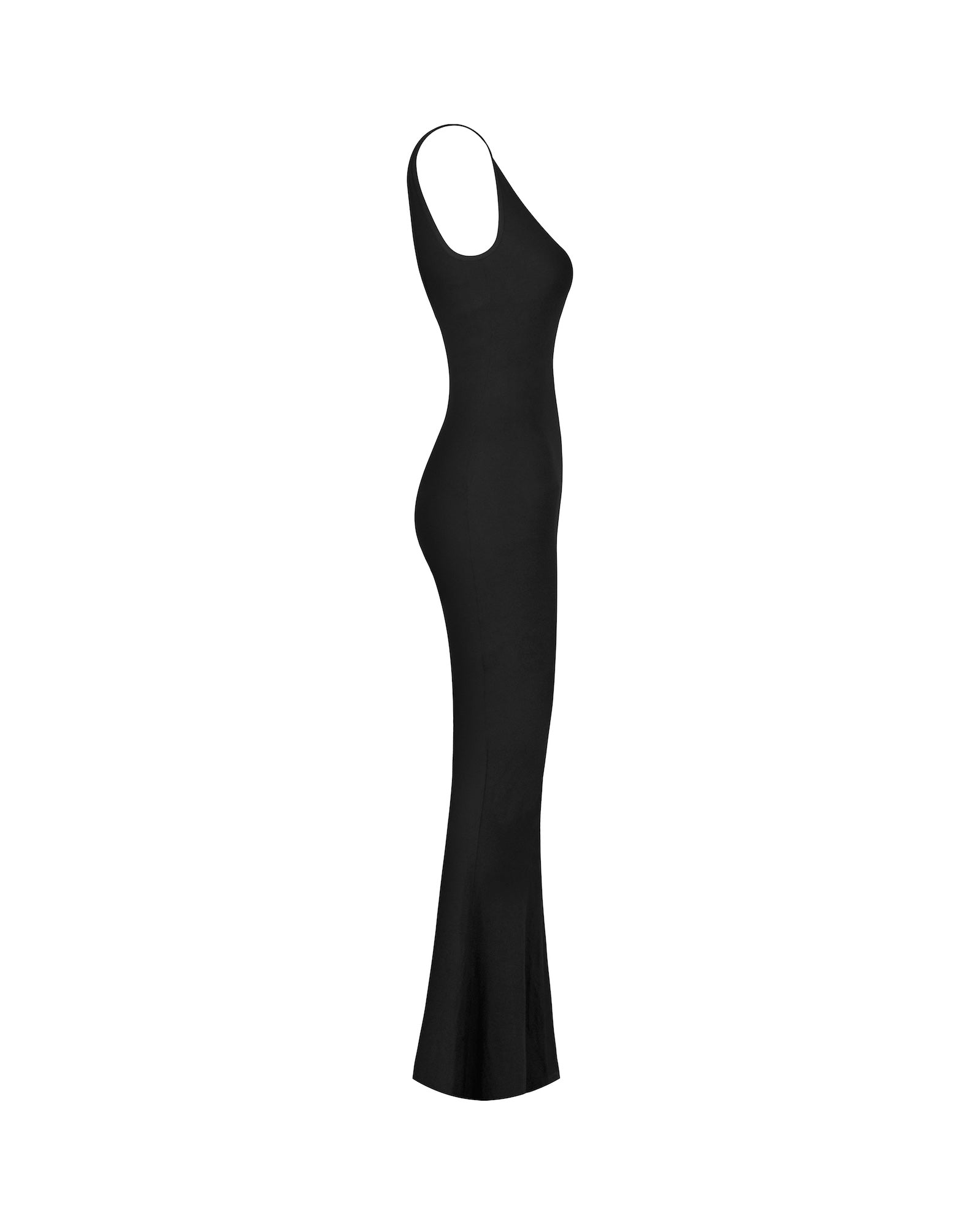 Black sleeveless dress on a white background.