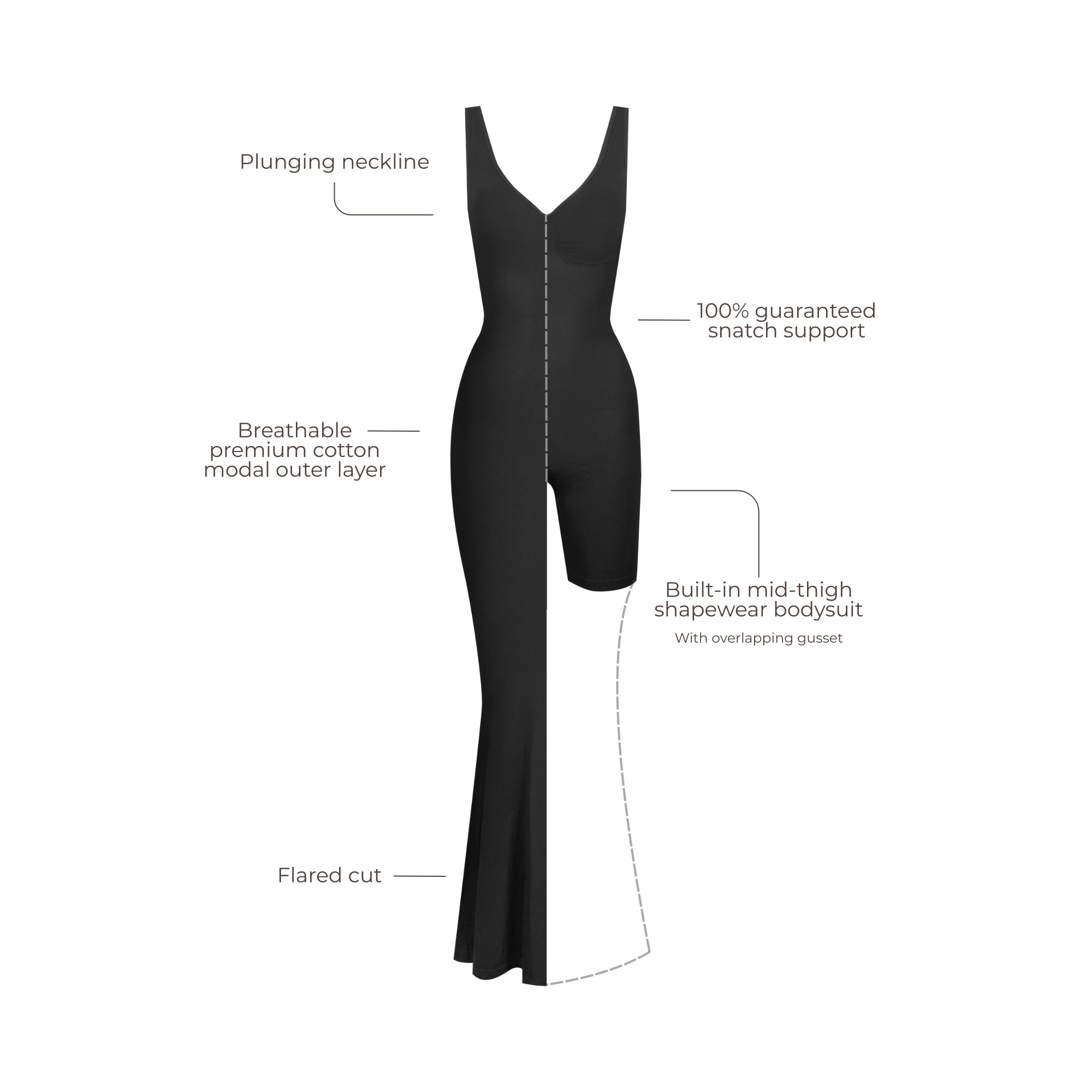 Black dress with text labels detailing features on a white background.
