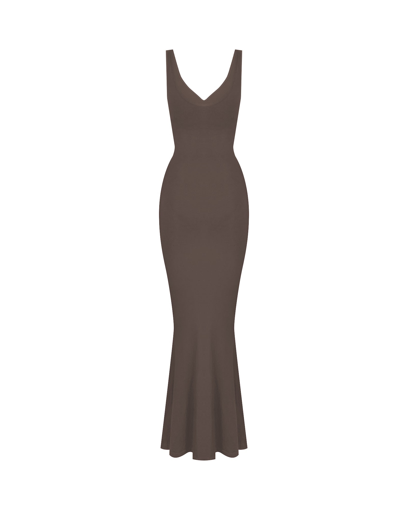Brown evening gown on a white background.