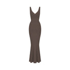 Brown evening gown on a white background.