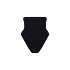 Black high-waisted bikini bottom on a white background