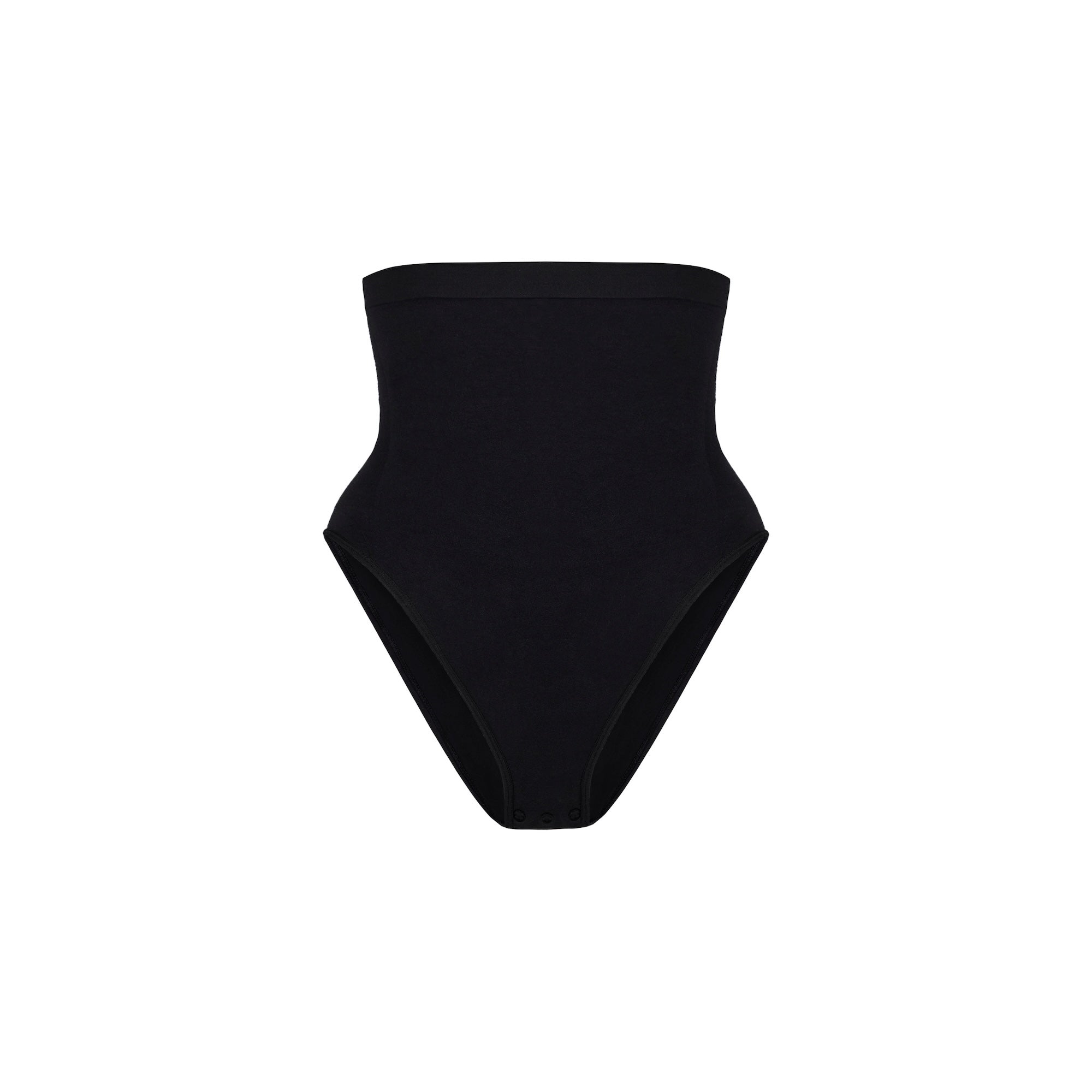 Black high-waisted bikini bottom on a white background
