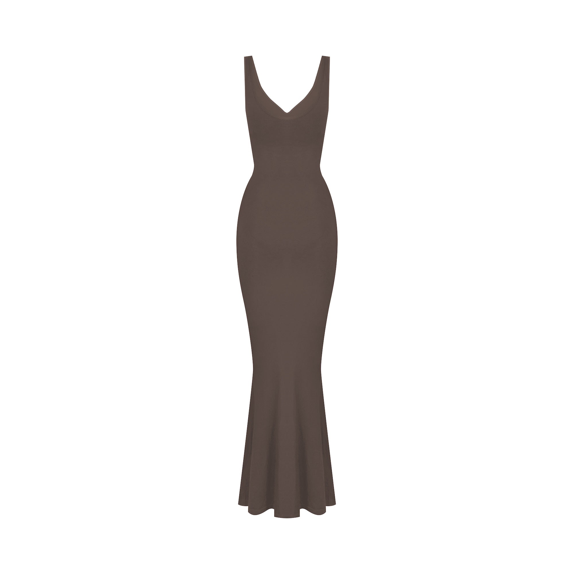 Brown evening gown on a white background.