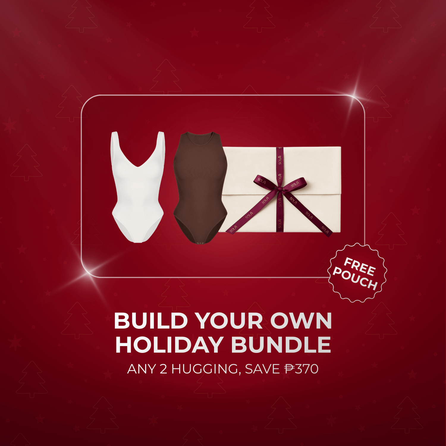 Promotional graphic for building a holiday bundle with clothing items and a free pouch on a red background.