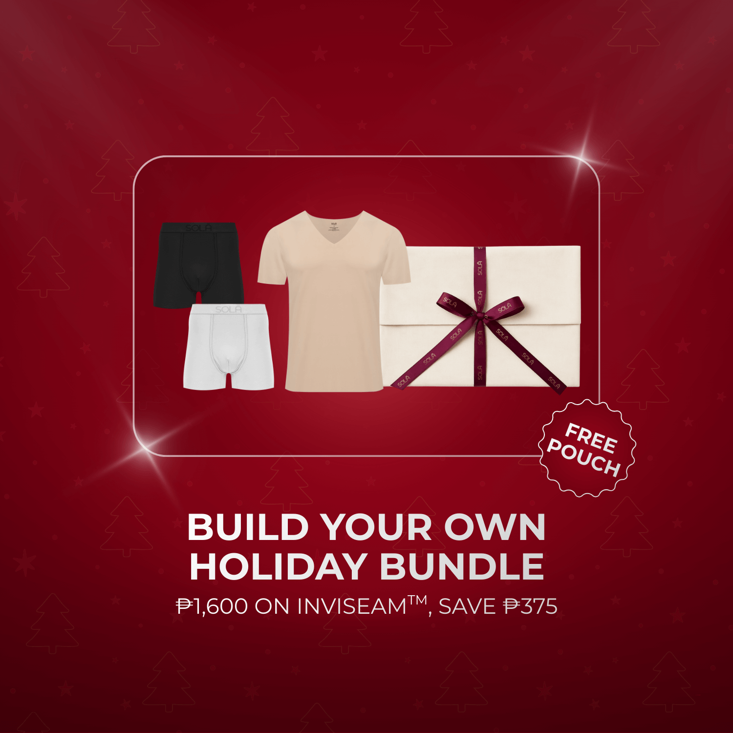 Promotional graphic for building a holiday bundle with clothing and a gift on a red background.