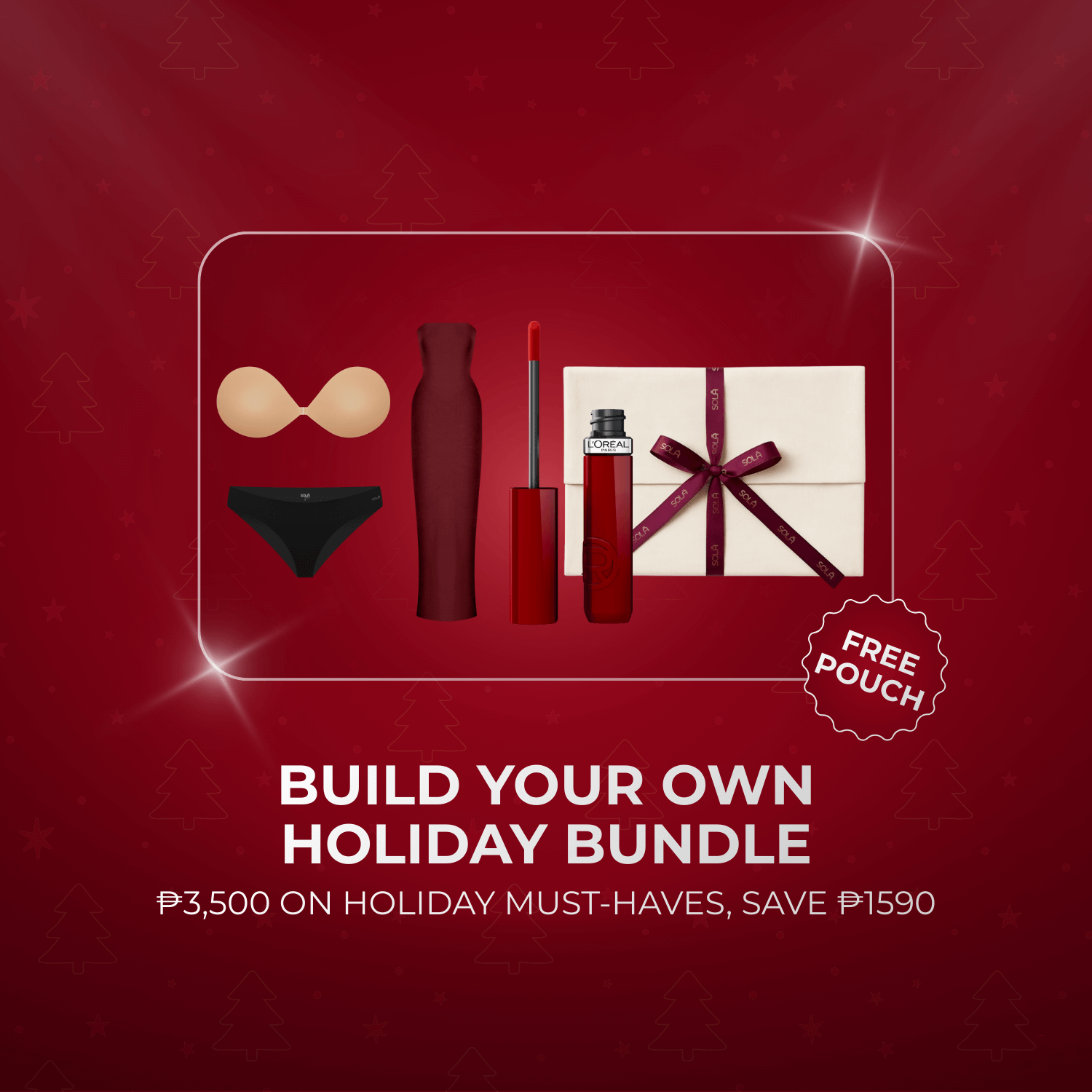 Promotional graphic for building a holiday bundle with products on a red background